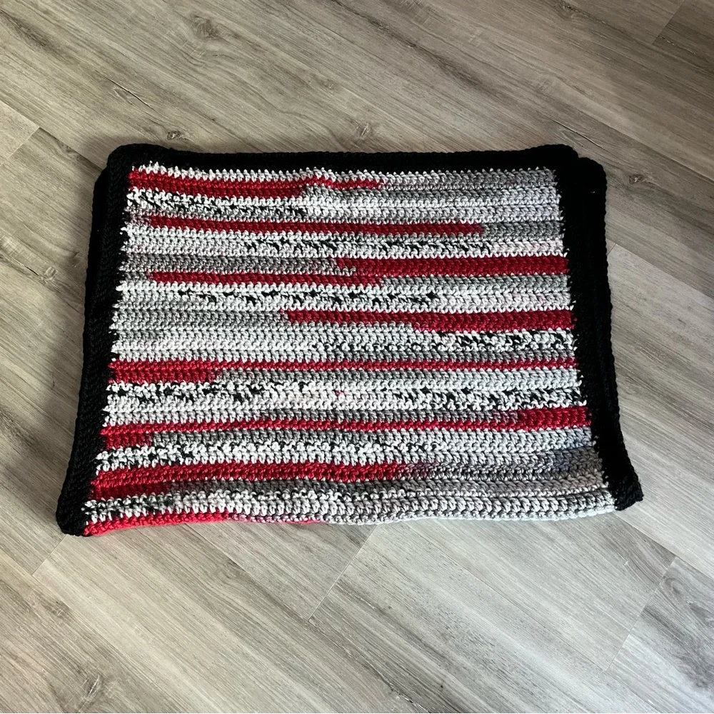 New Handmade Crochet Black, Gray, & Red Blanket